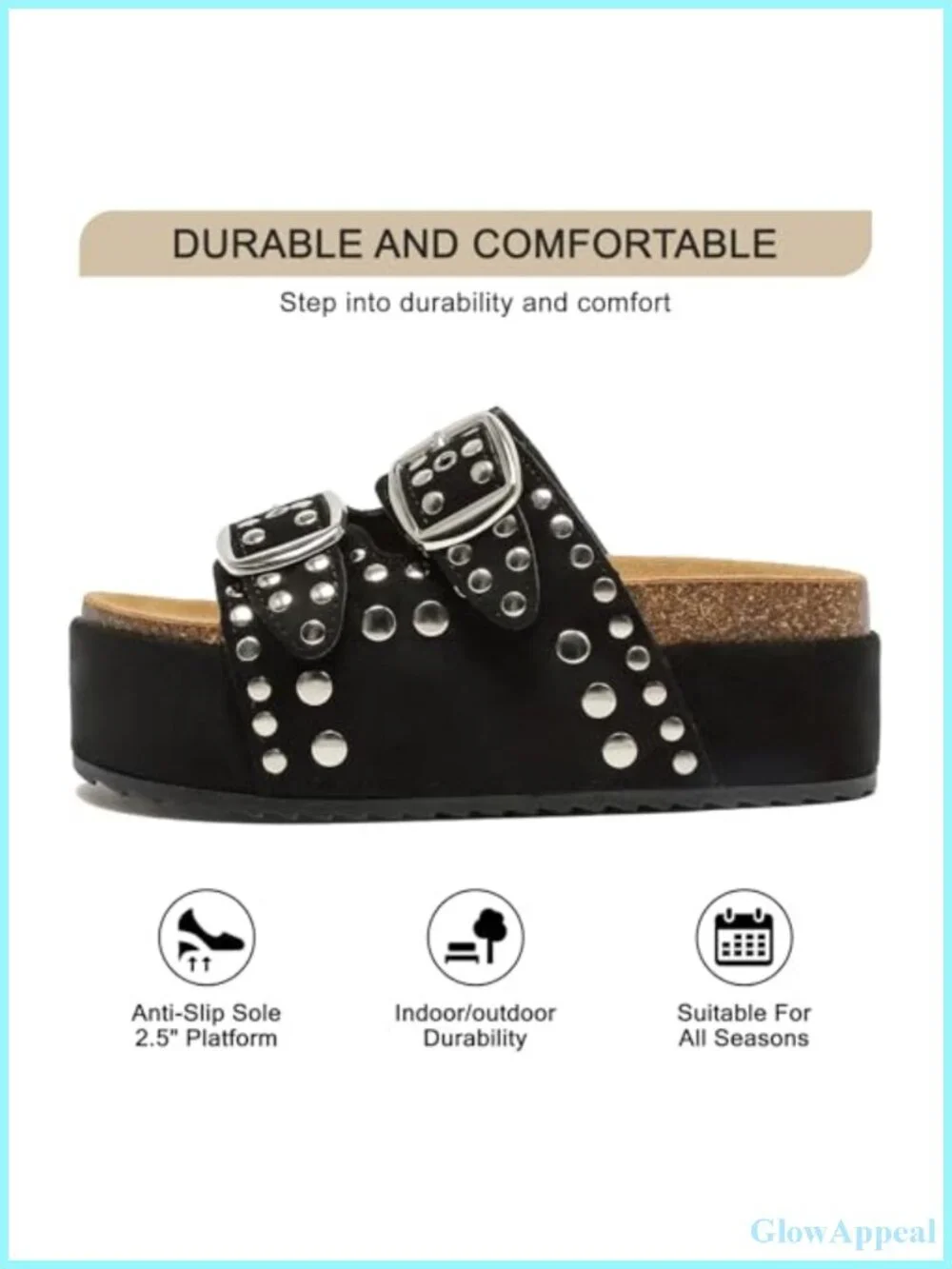 Platform Sandals Suede Cork Footbed Studded Slides Double Buckle